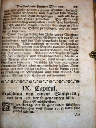 Gelehrte Verhandlung der Materi, Von Erscheinungen der Geisteren. Und denen Vampiren in Ungarn, Mahren etc.