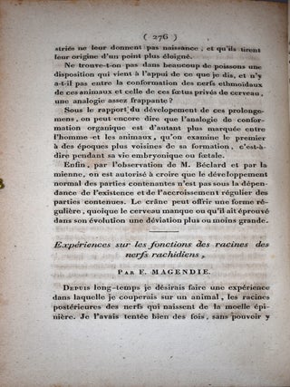 Item #460 Exp&eacute;riences sur les Fonctions des Racines des Nerfs Rachidiens [in] Journal de...